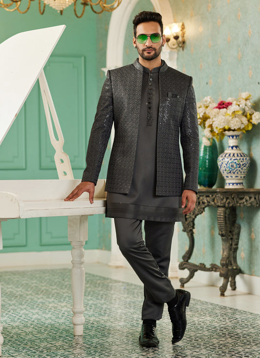 Black Art Silk 3 Pcs Jodhpuri Suit