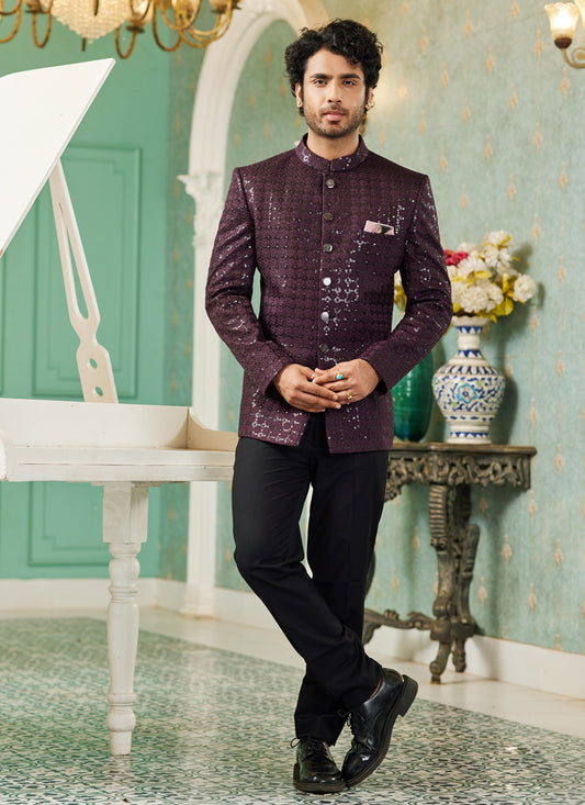 Wine Art Silk Jodhpuri Suit