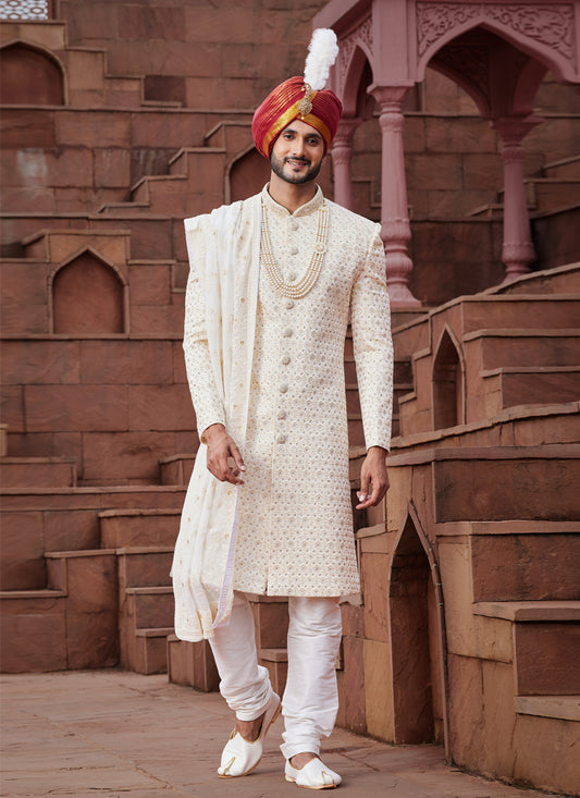 Cream Art Silk Designer Sherwani