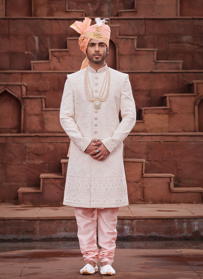 Peach Georgette Designer Sherwani