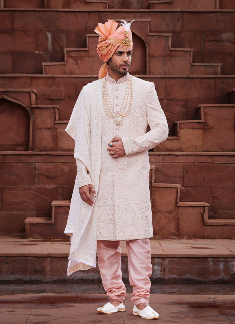 Peach Georgette Designer Sherwani