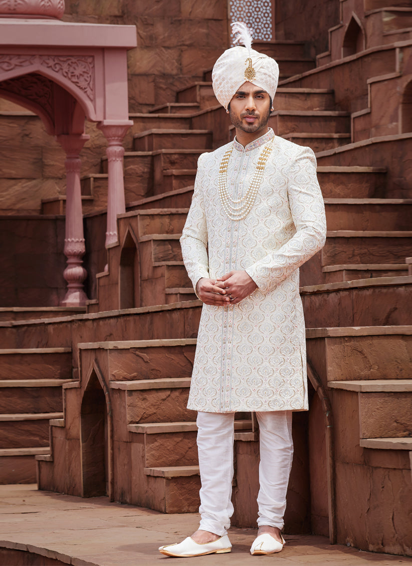 Cream Art Silk Designer Sherwani