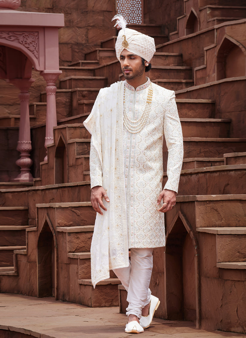 Cream Art Silk Designer Sherwani