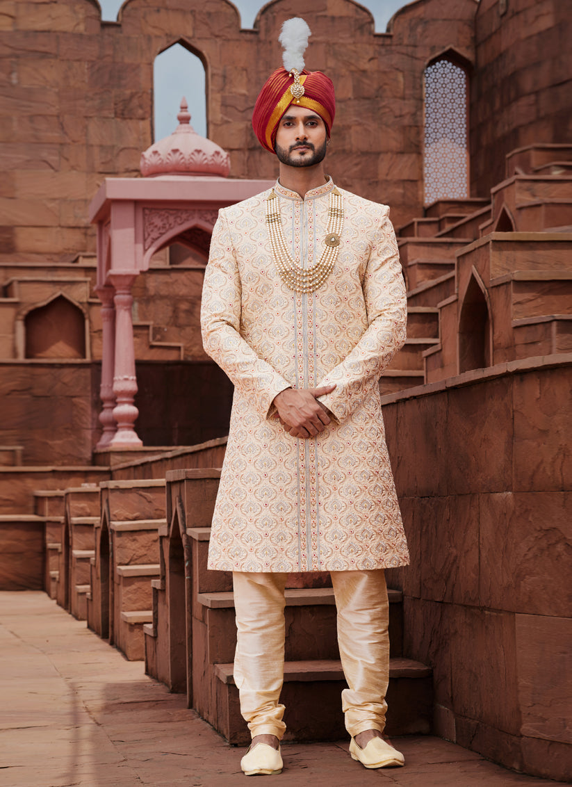 Beige Art Silk Designer Sherwani