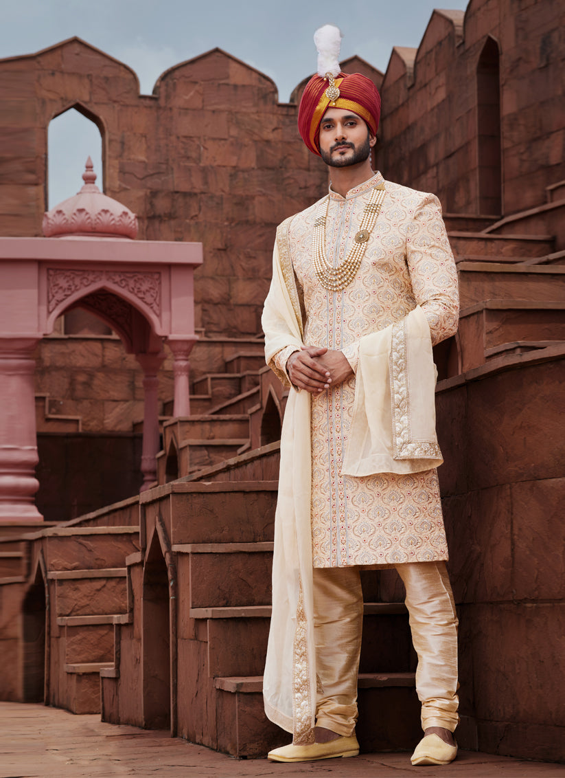 Beige Art Silk Designer Sherwani