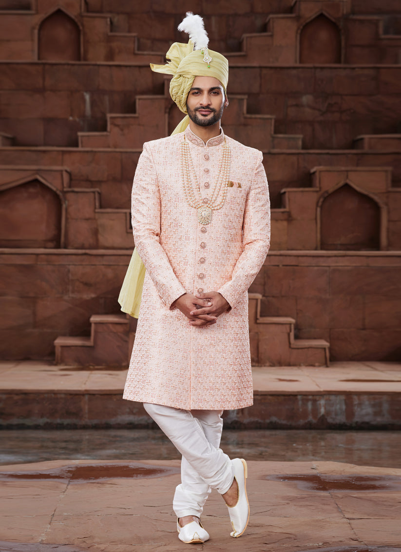 Peach Art Silk Designer Sherwani