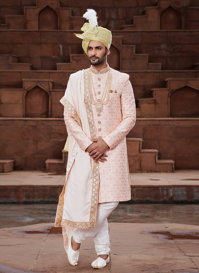 Peach Art Silk Designer Sherwani