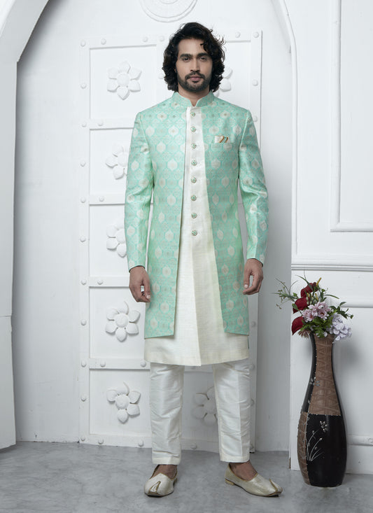 Sea Green and Off White Jacquard Silk 3 Pc Indo Western Outfit