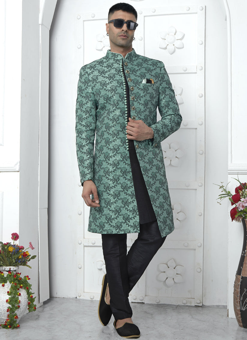 Rama Green and Black Jacquard Silk 3 Pc Indo Western Outfit