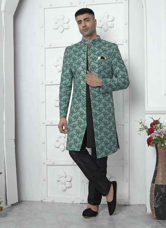 Rama Green and Black Jacquard Silk 3 Pc Indo Western Outfit