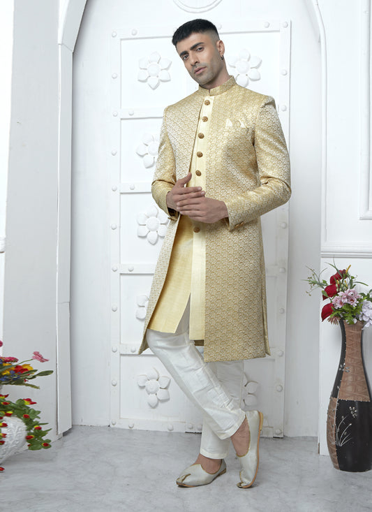 Cream Jacquard Silk 3 Pc Indo Western Outfit