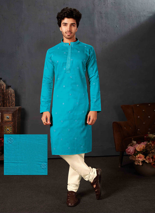 Teal Blue Cotton Festival Wear Kurta Set