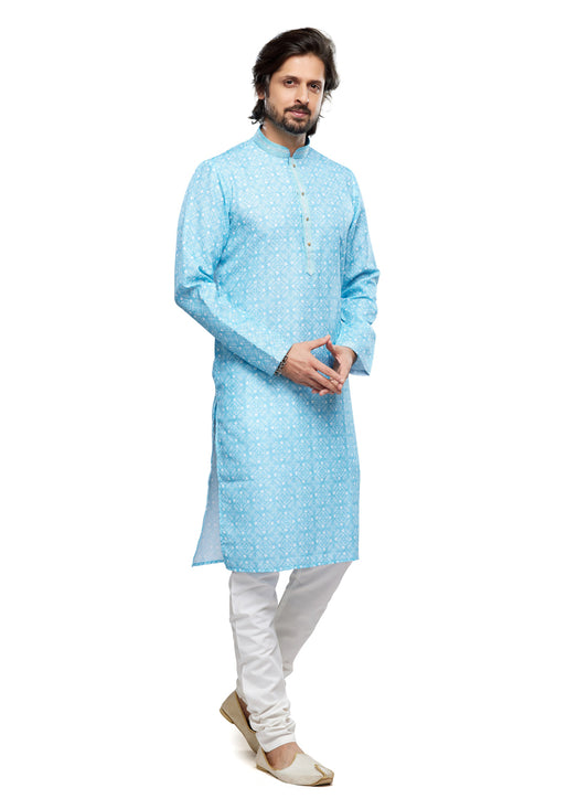 Sky Blue Cotton Kurta Pyjama Set