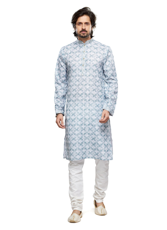 Teal Grey Cotton Kurta Pyjama Set