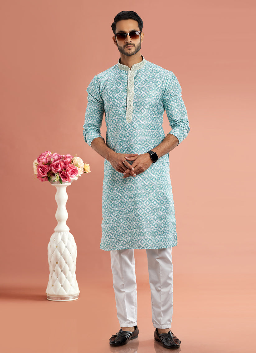 Sky Blue Cotton Mens Kurta Pajama Set