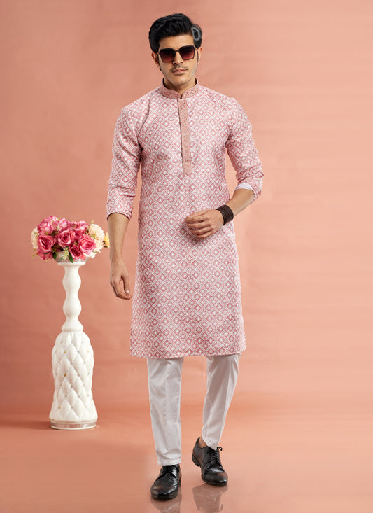 Pink Cotton Mens Kurta Pajama Set