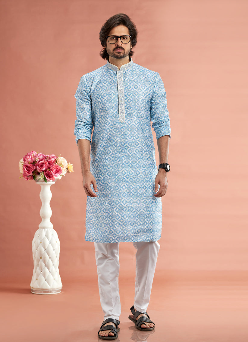 Sky Blue Cotton Mens Kurta Pajama Set