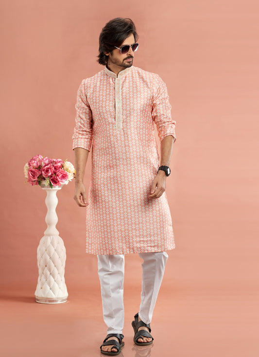 Peach Cotton Mens Kurta Pajama Set