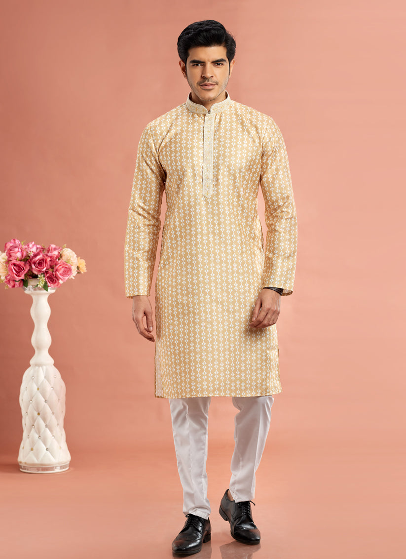 Beige Cotton Mens Kurta Pajama Set