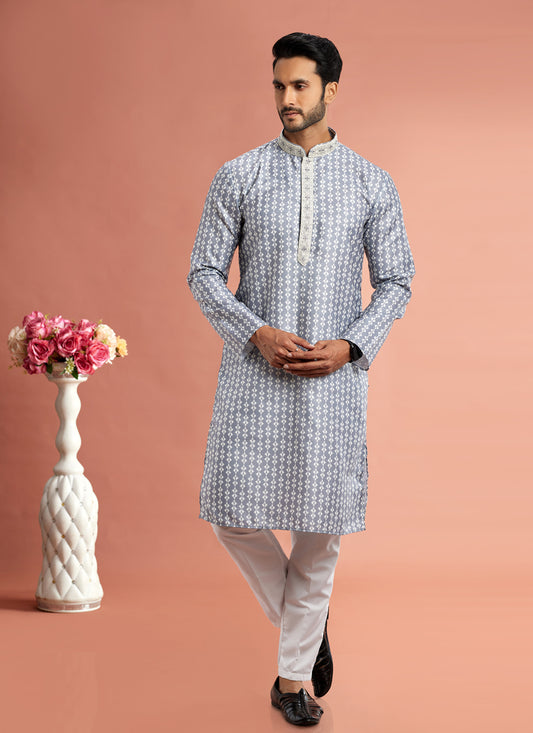 Grey Cotton Mens Kurta Pajama Set