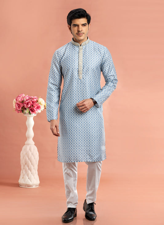 Blue Cotton Mens Kurta Pajama Set