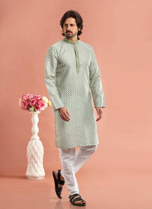 Mehndi Cotton Mens Kurta Pajama Set