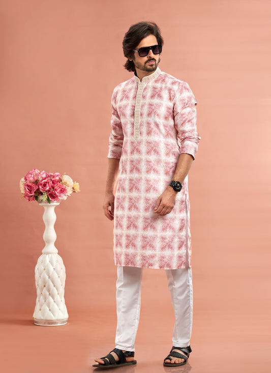 Pink Cotton Mens Kurta Pajama Set