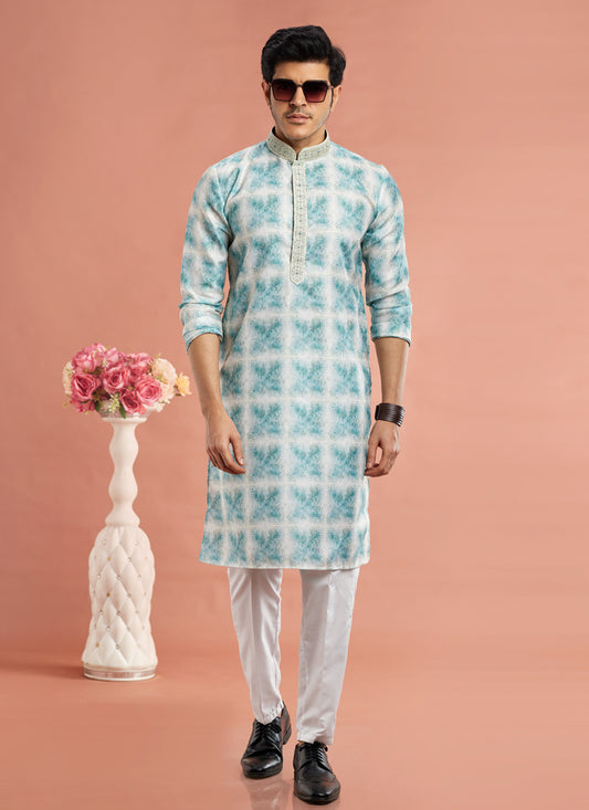 Teal Cotton Mens Kurta Pajama Set