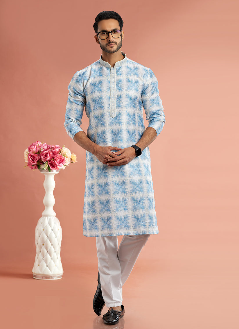 Blue Cotton Mens Kurta Pajama Set