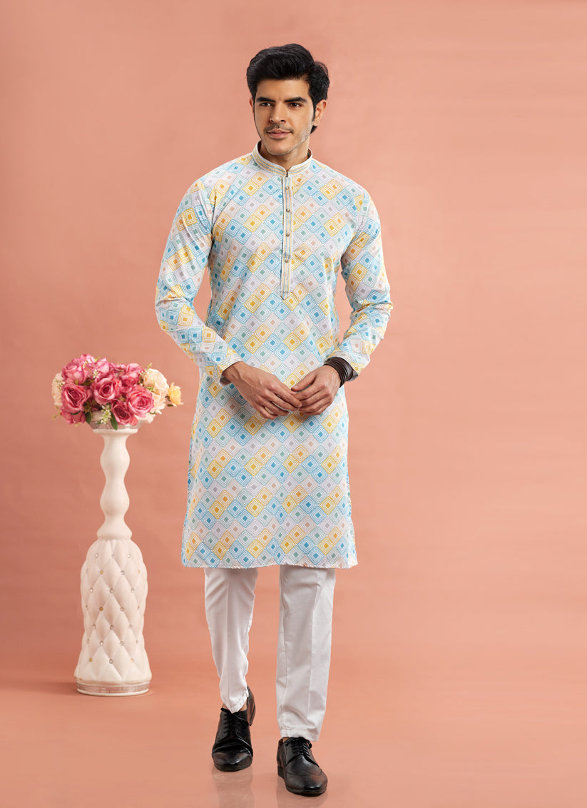 Multicolor Cotton Mens Kurta Pajama Set