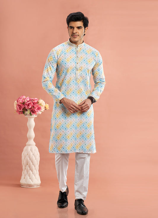 Multicolor Cotton Mens Kurta Pajama Set