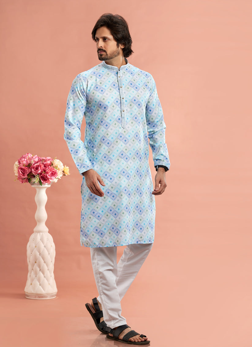 Sky Blue Cotton Mens Kurta Pajama Set