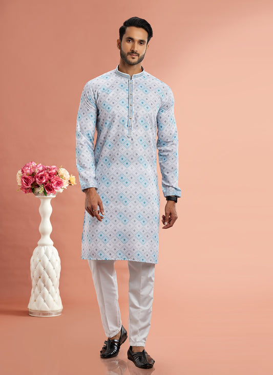 Off White Cotton Mens Kurta Pajama Set