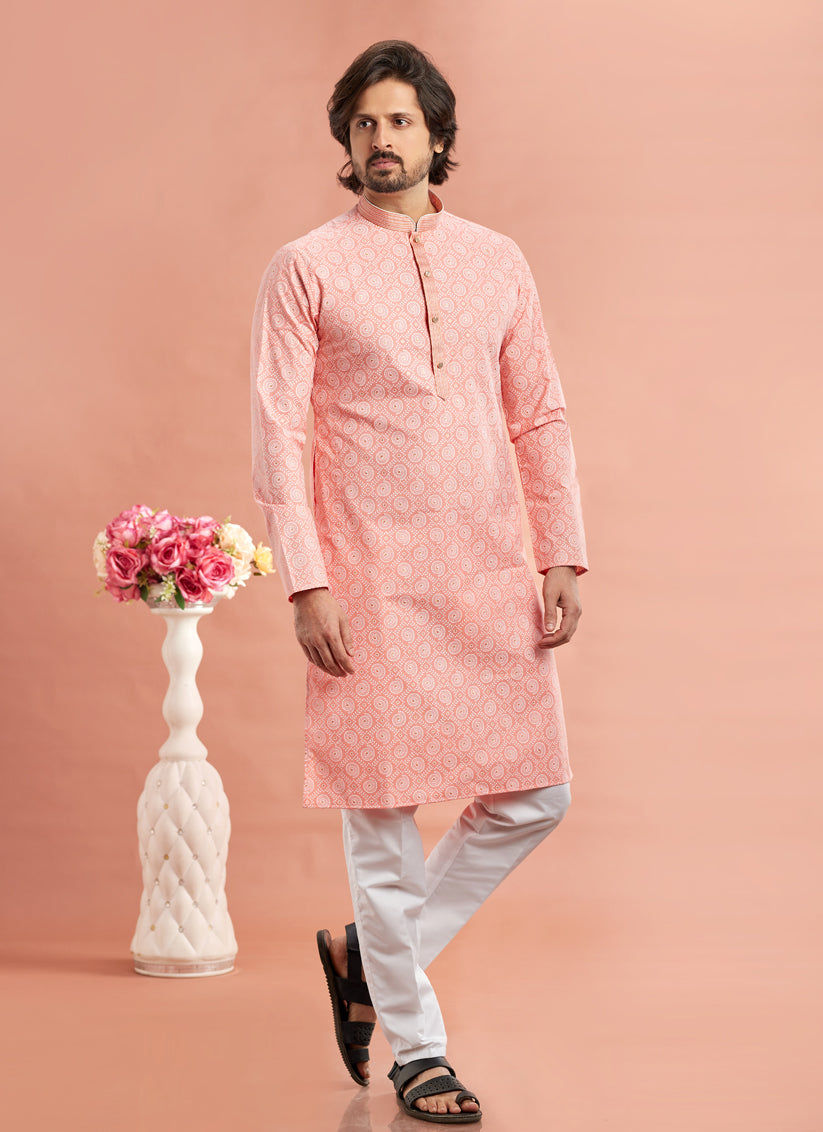 Peach Cotton Mens Kurta Pajama Set