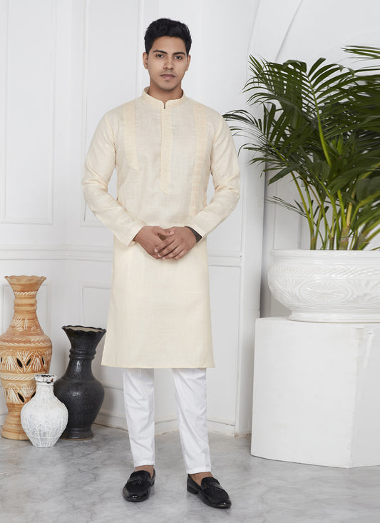 Beige Cotton Kurta Pyajama Set