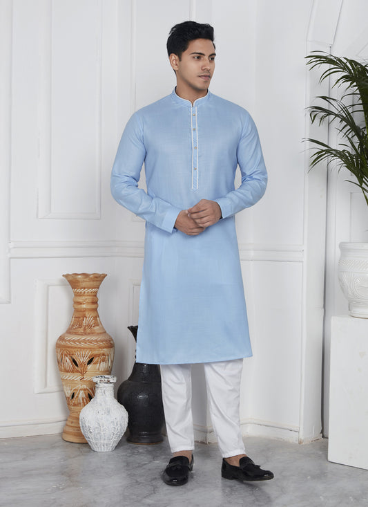Sky Blue Cotton Kurta Pyajama Set