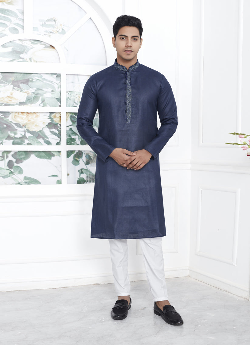 Navy Blue Cotton Kurta Pyajama Set