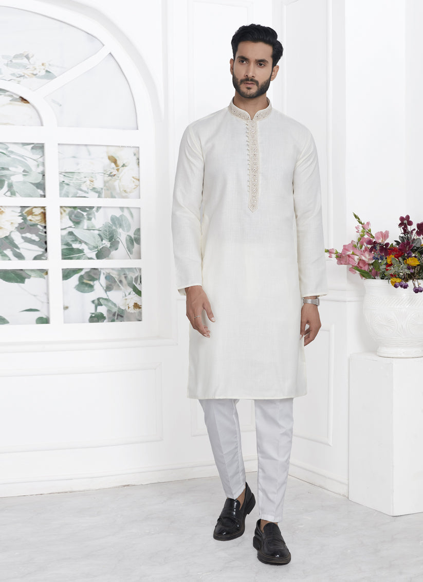 Cream Cotton Kurta Pyajama Set