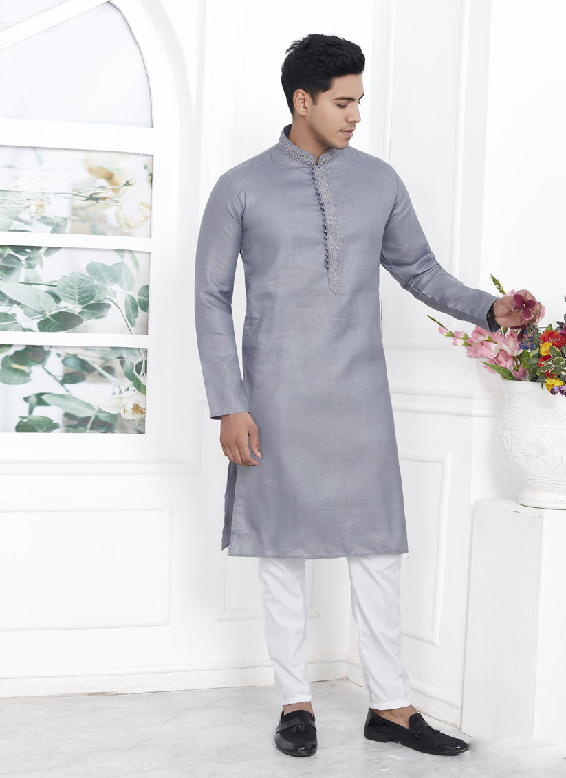 Grey Cotton Kurta Pyajama Set