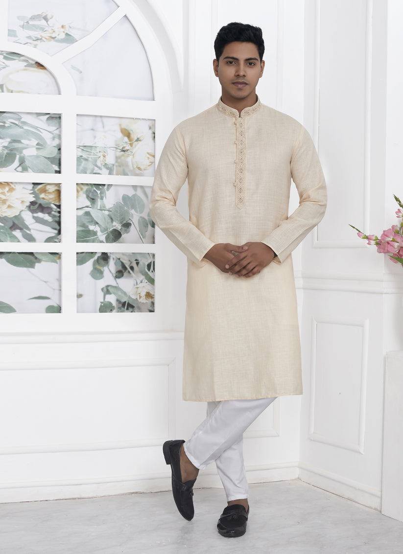 Beige Cotton Kurta Pyajama Set