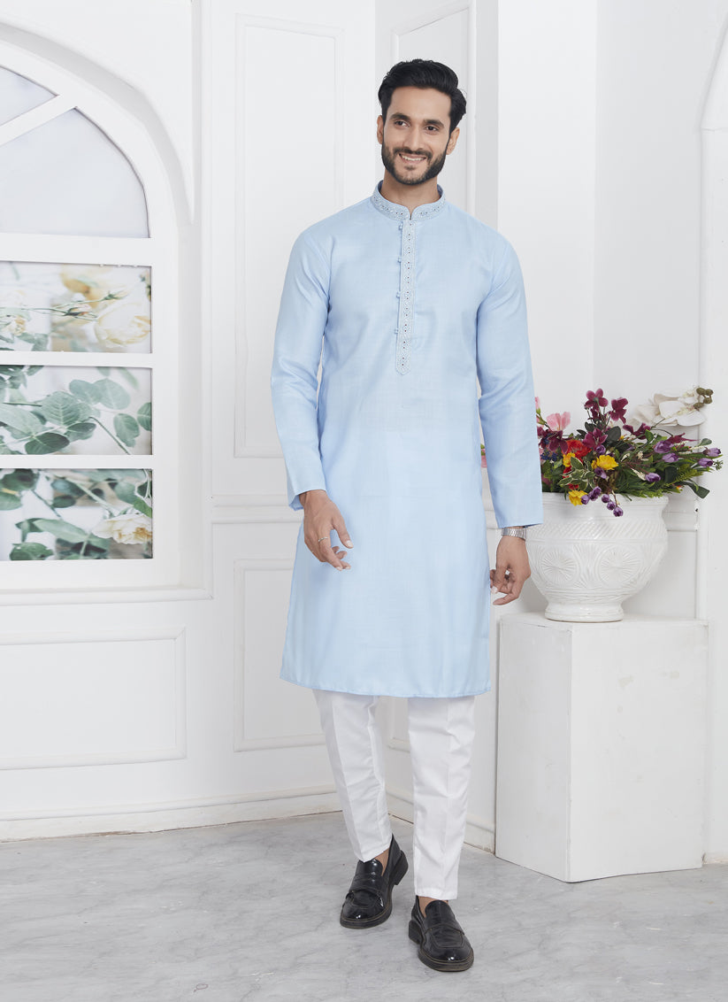 Sky Blue Cotton Kurta Pyajama Set