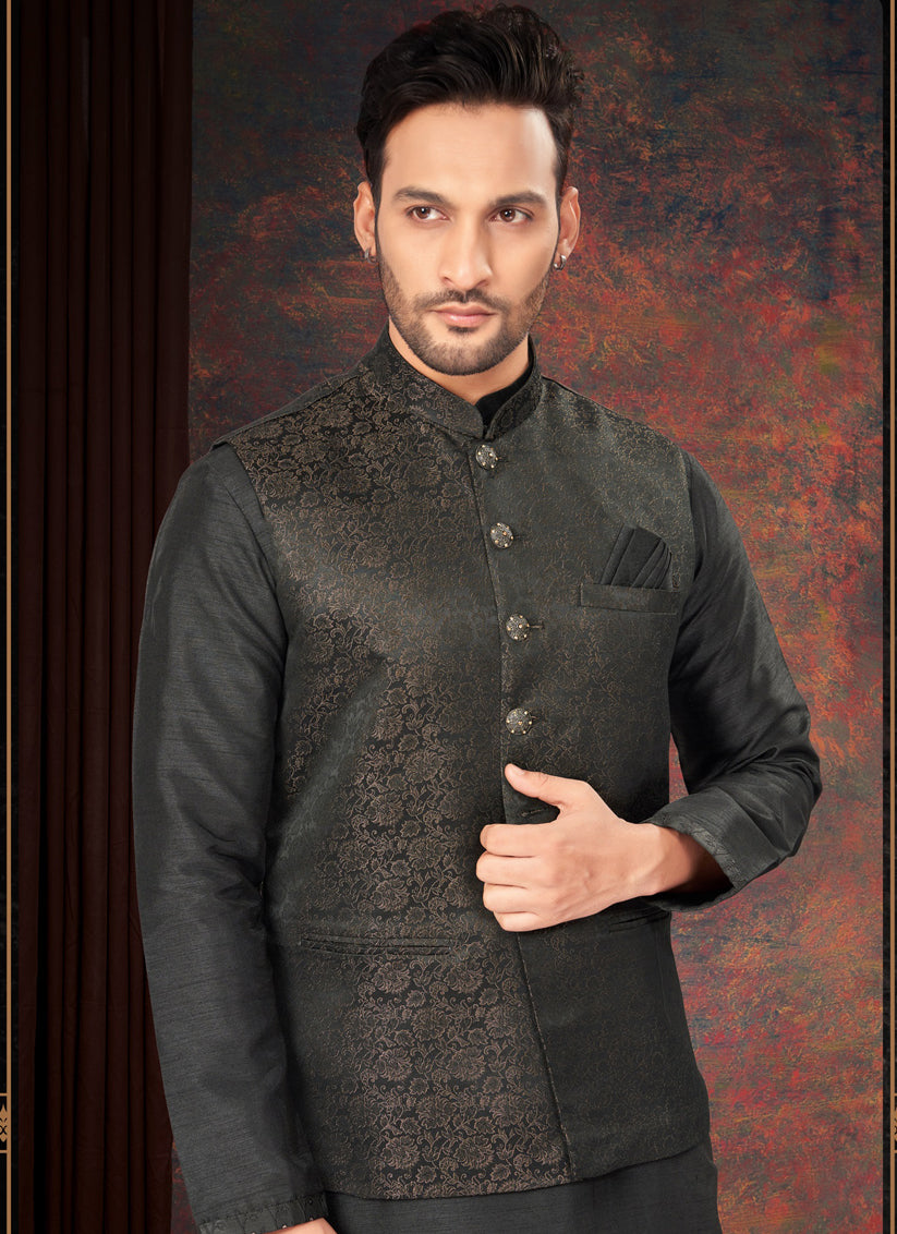 Black Mens Kurta Pajama Set With Jacket