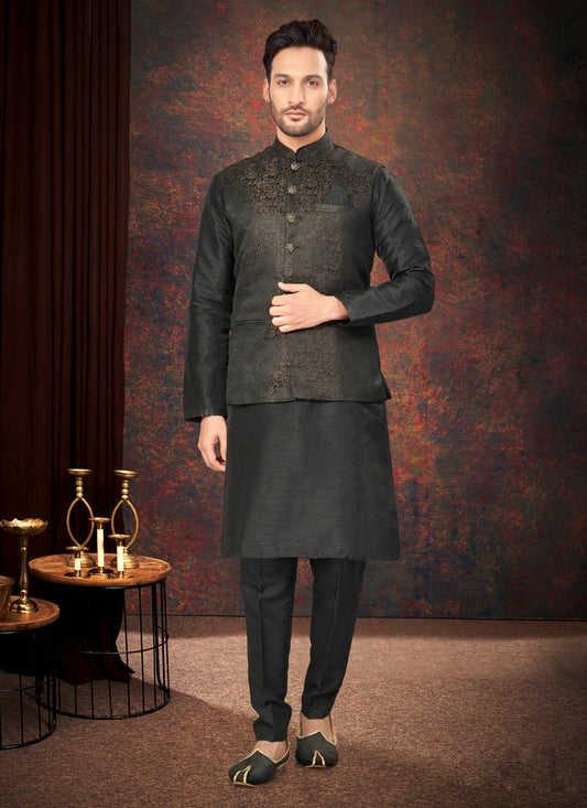 Black Mens Kurta Pajama Set With Jacket