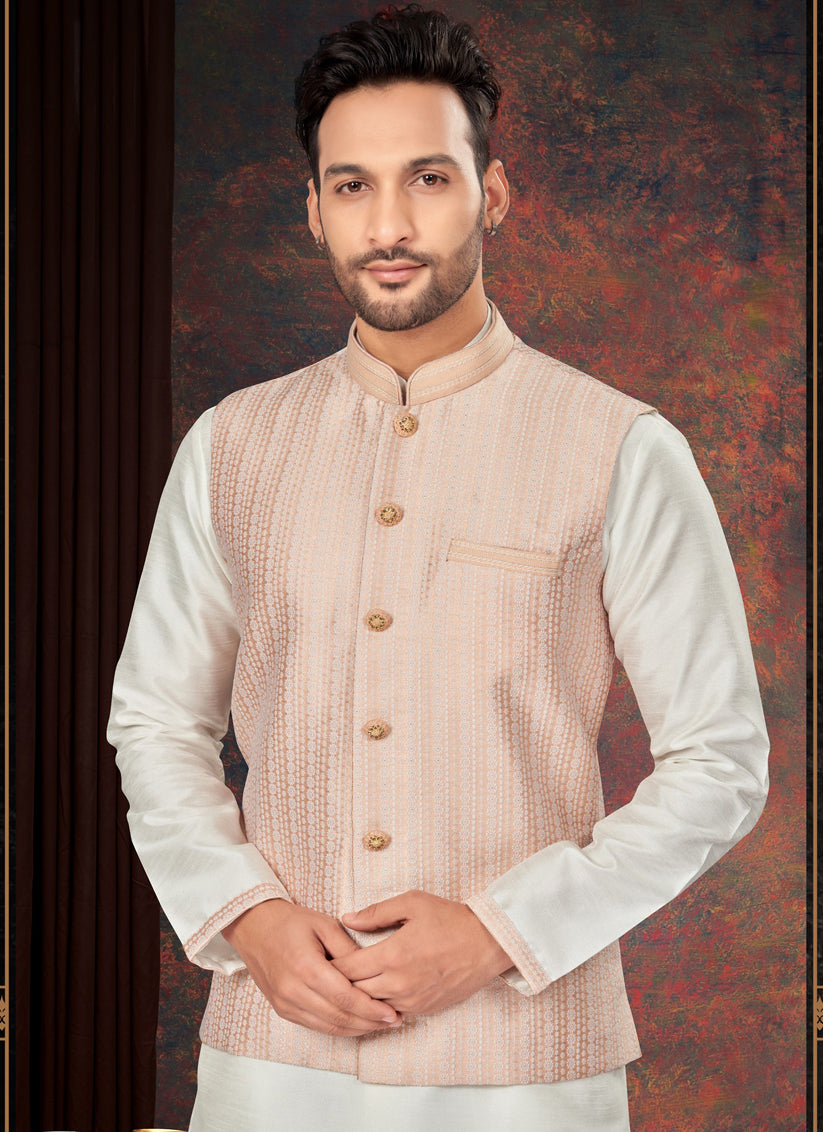 Off White Mens Kurta Pajama Set With Jacket