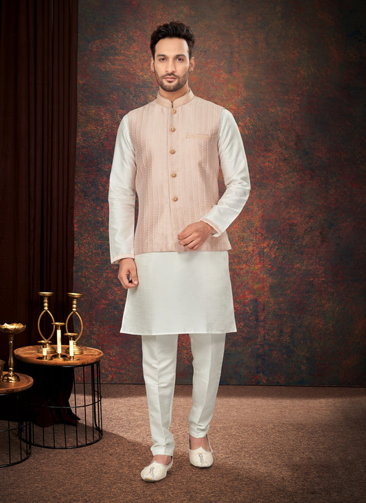 Off White Mens Kurta Pajama Set With Jacket