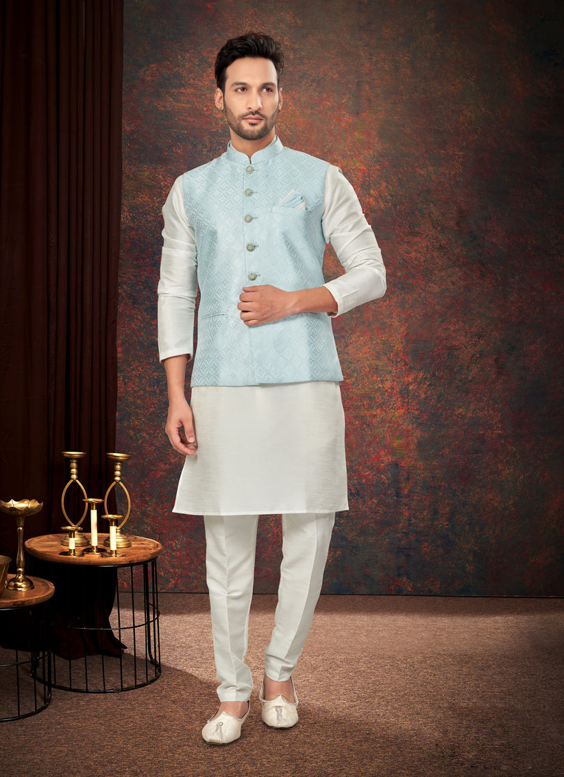 Off White Mens Kurta Pajama Set With Jacket