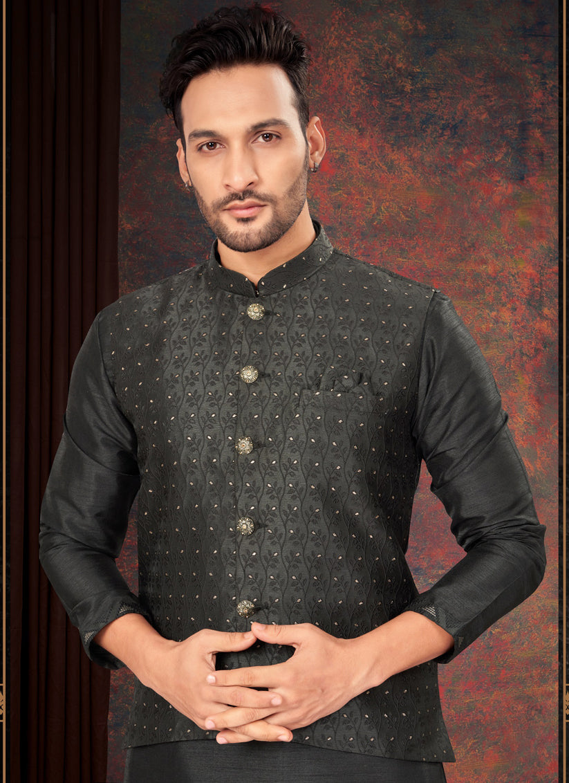 Black Mens Kurta Pajama Set With Jacket