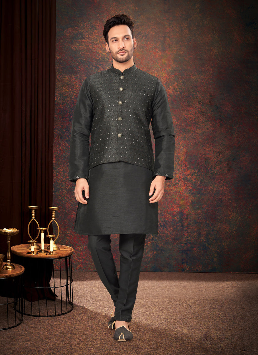 Black Mens Kurta Pajama Set With Jacket