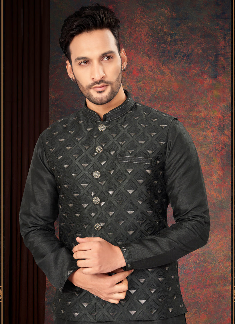 Black Mens Kurta Pajama Set With Jacket