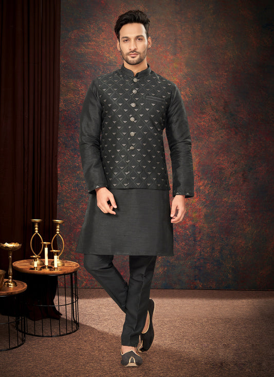 Black Mens Kurta Pajama Set With Jacket